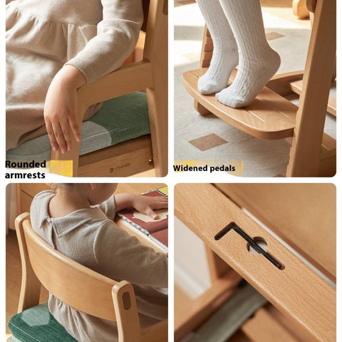 Beech Solid Wood Kids Chair Natural Finish Ergonomic Adjustable Seat Removable Washable Chenille Cushion for Playroom & Study