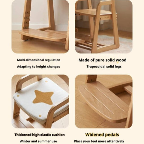 Beech Solid Wood Kids Chair Natural Finish Ergonomic Adjustable Seat Removable Washable Chenille Cushion for Playroom & Study