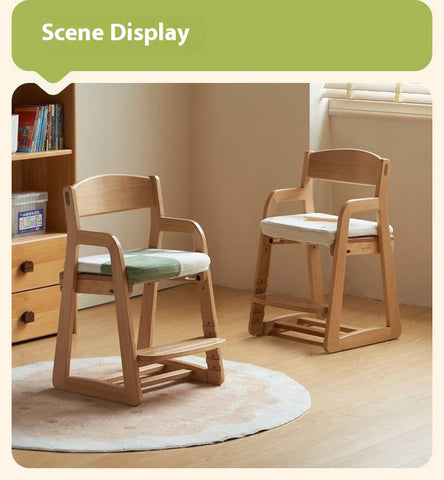 Beech Solid Wood Kids Chair Natural Finish Ergonomic Adjustable Seat Removable Washable Chenille Cushion for Playroom & Study