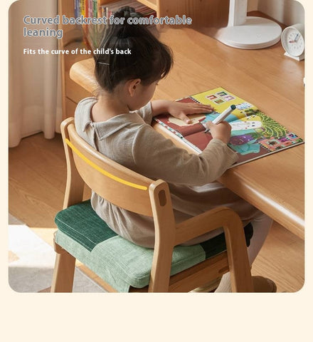Beech Solid Wood Kids Chair Natural Finish Ergonomic Adjustable Seat Removable Washable Chenille Cushion for Playroom & Study