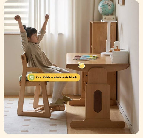 Beech Solid Wood Kids Chair Natural Finish Ergonomic Adjustable Seat Removable Washable Chenille Cushion for Playroom & Study
