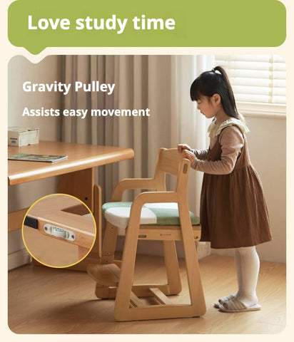Beech Solid Wood Kids Chair Natural Finish Ergonomic Adjustable Seat Removable Washable Chenille Cushion for Playroom & Study
