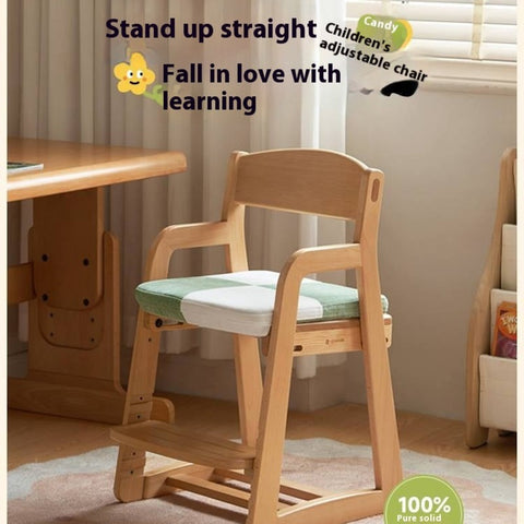 Beech Solid Wood Kids Chair Natural Finish Ergonomic Adjustable Seat Removable Washable Chenille Cushion for Playroom & Study