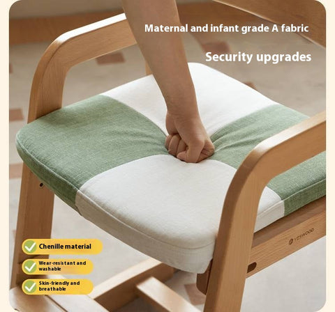 Beech Solid Wood Kids Chair Natural Finish Ergonomic Adjustable Seat Removable Washable Chenille Cushion for Playroom & Study