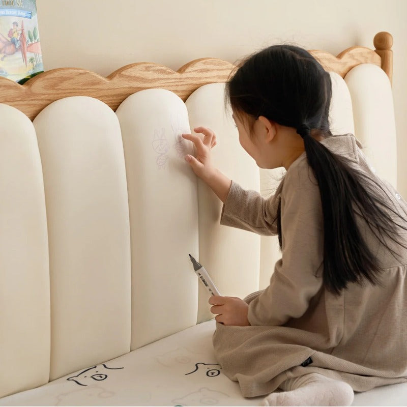 Oak solid wood Milky white kids upholstered bed with soft headboard<