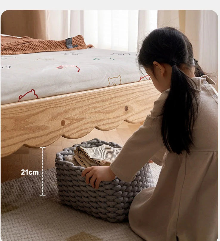 Oak solid wood Milky white kids upholstered bed with soft headboard<