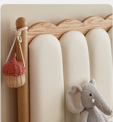 Oak solid wood Milky white kids upholstered bed with soft headboard<