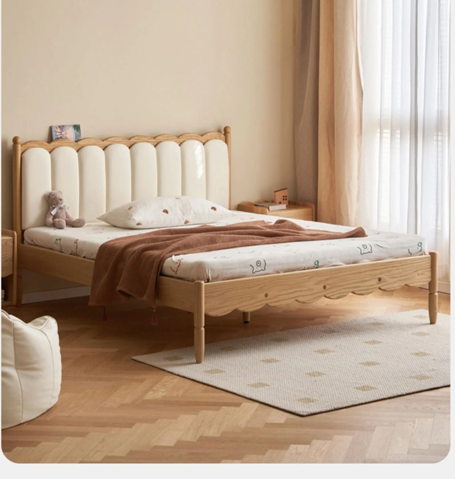 Oak solid wood Milky white kids upholstered bed with soft headboard<