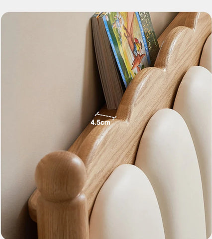 Oak solid wood Milky white kids upholstered bed with soft headboard<