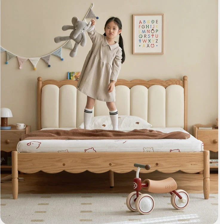 Oak solid wood Milky white kids upholstered bed with soft headboard<