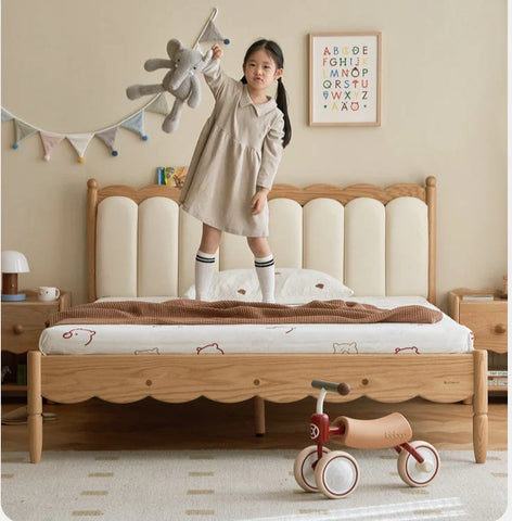 Oak solid wood Milky white kids upholstered bed with soft headboard<