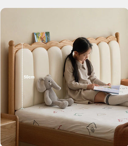 Oak solid wood Milky white kids upholstered bed with soft headboard<