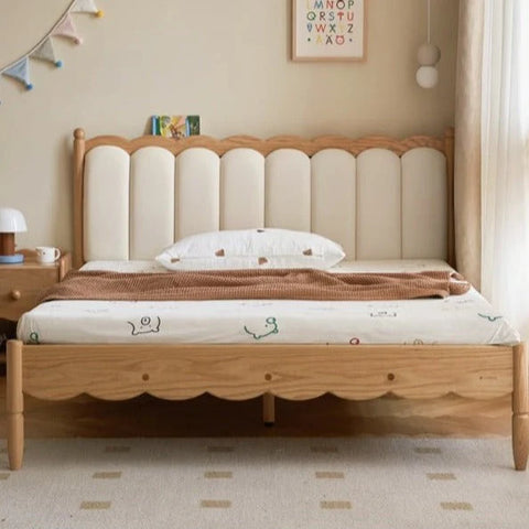 Oak solid wood Milky white kids upholstered bed with soft headboard<