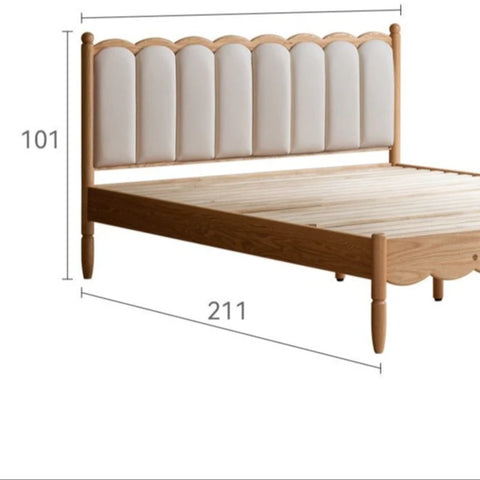 Oak solid wood Milky white kids upholstered bed with soft headboard<