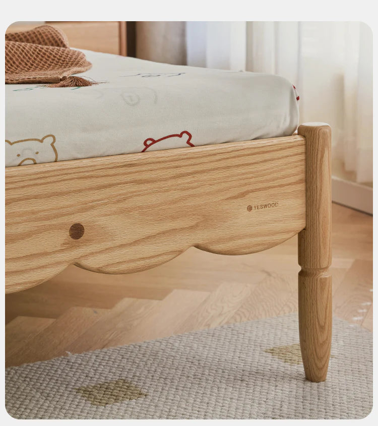 Oak solid wood Milky white kids upholstered bed with soft headboard<