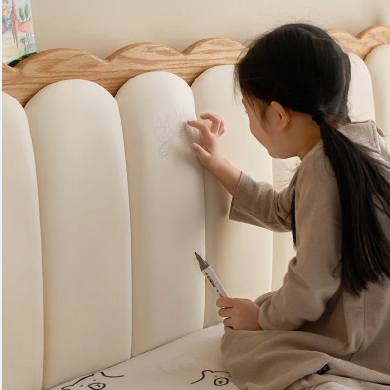 Oak solid wood Milky white kids upholstered bed with soft headboard<