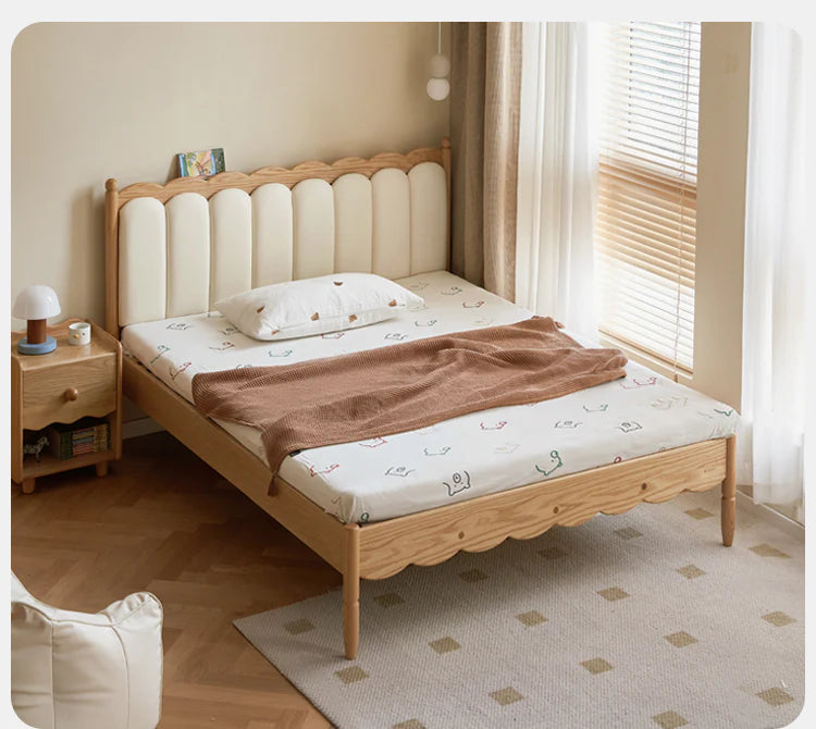 Oak solid wood Milky white kids upholstered bed with soft headboard<