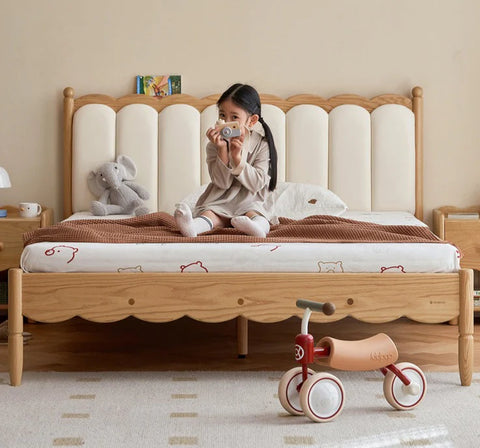 Oak solid wood Milky white kids upholstered bed with soft headboard<