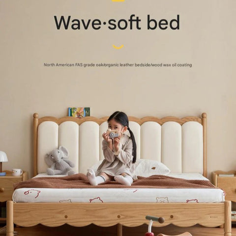 Oak solid wood Milky white kids upholstered bed with soft headboard<