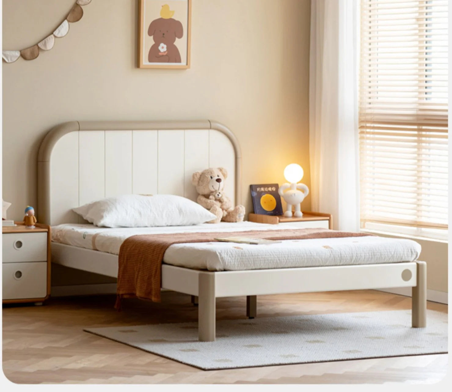 Poplar solid wood kids bed white cream<