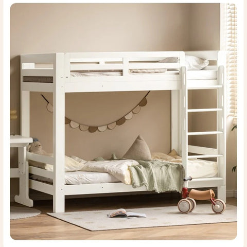 Rubber wood, Beech Solid Wood Children's Bunk Bed Cream Style White.