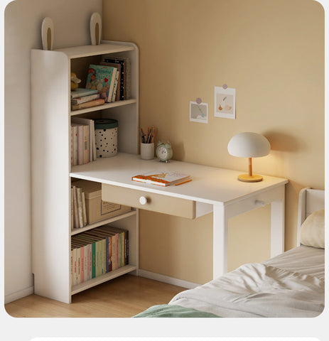 Beech Solid Wood Student Desk & Bookcase Combination Creamy White Light Coffee Finish Modular Homework Study Station