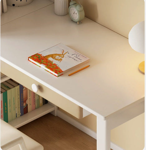 Beech Solid Wood Student Desk & Bookcase Combination Creamy White Light Coffee Finish Modular Homework Study Station