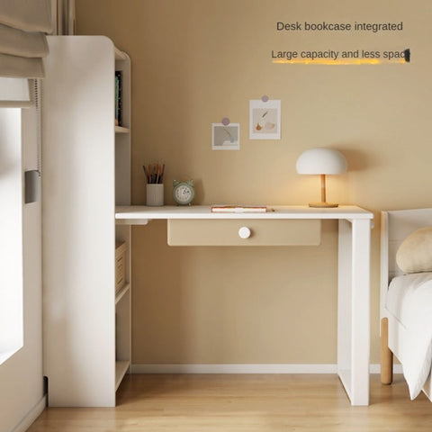 Beech Solid Wood Student Desk & Bookcase Combination Creamy White Light Coffee Finish Modular Homework Study Station