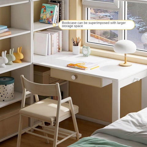 Beech Solid Wood Student Desk & Bookcase Combination Creamy White Light Coffee Finish Modular Homework Study Station