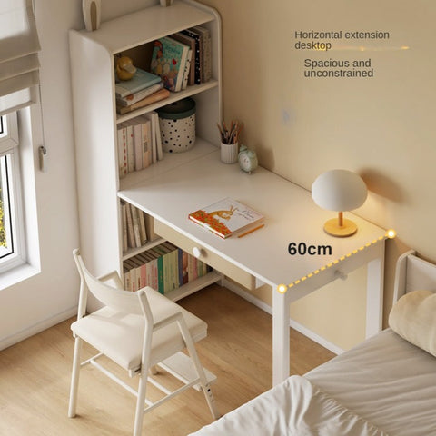 Beech Solid Wood Student Desk & Bookcase Combination Creamy White Light Coffee Finish Modular Homework Study Station