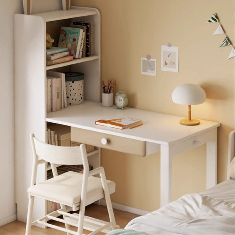 Beech Solid Wood Student Desk & Bookcase Combination Creamy White Light Coffee Finish Modular Homework Study Station