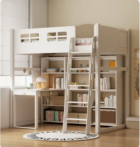 Beech Solid Wood Student Desk & Bookcase Combination Creamy White Light Coffee Finish Modular Homework Study Station