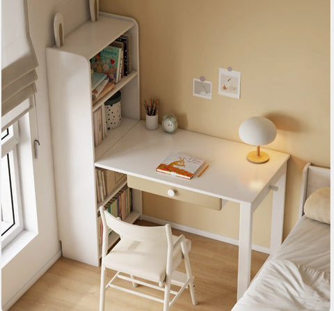 Beech Solid Wood Student Desk & Bookcase Combination Creamy White Light Coffee Finish Modular Homework Study Station