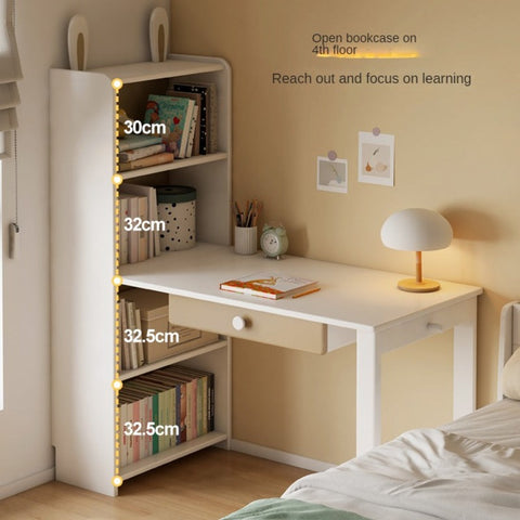 Beech Solid Wood Student Desk & Bookcase Combination Creamy White Light Coffee Finish Modular Homework Study Station