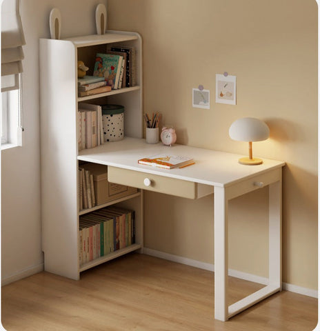 Beech Solid Wood Student Desk & Bookcase Combination Creamy White Light Coffee Finish Modular Homework Study Station