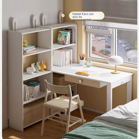 Beech Solid Wood Student Desk & Bookcase Combination Creamy White Light Coffee Finish Modular Homework Study Station