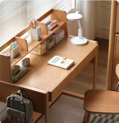 Oak Solid Wood Adjustable Children Study Desk and Chair Set Natural Finish Modern Kids Writing Table with Storage