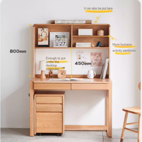 Oak Solid Wood Adjustable Children Study Desk and Chair Set Natural Finish Modern Kids Writing Table with Storage