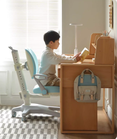 Oak Solid Wood Adjustable Children Study Desk and Chair Set Natural Finish Modern Kids Writing Table with Storage