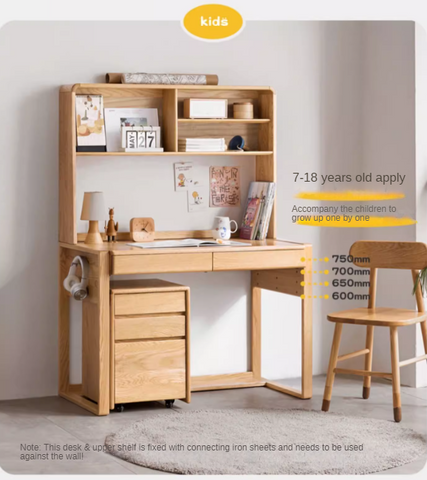 Oak Solid Wood Adjustable Children Study Desk and Chair Set Natural Finish Modern Kids Writing Table with Storage