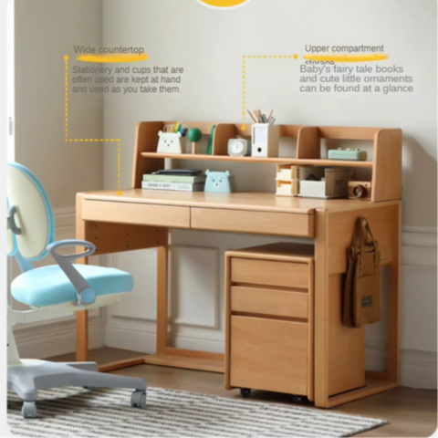 Oak Solid Wood Adjustable Children Study Desk and Chair Set Natural Finish Modern Kids Writing Table with Storage