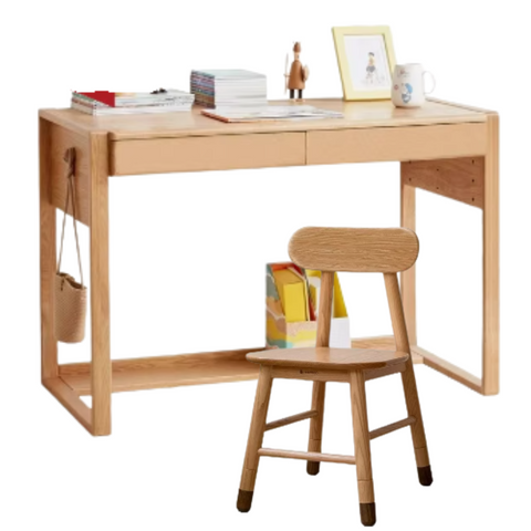 Oak Solid Wood Adjustable Children Study Desk and Chair Set Natural Finish Modern Kids Writing Table with Storage
