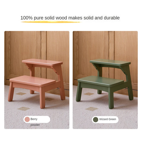 Birch Solid Wood Kids Multifunctional Foot Stool Step & Side Table in Berry Powder & Wizard Green