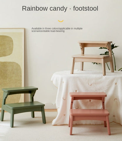 Birch Solid Wood Kids Multifunctional Foot Stool Step & Side Table in Berry Powder & Wizard Green