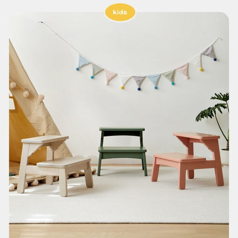 Birch Solid Wood Kids Multifunctional Foot Stool Step & Side Table in Berry Powder & Wizard Green