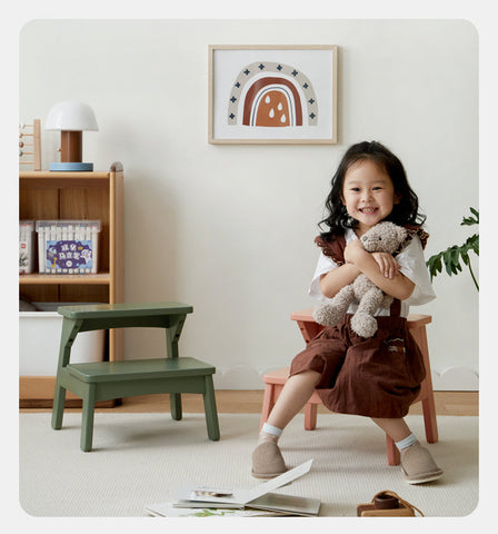 Birch Solid Wood Kids Multifunctional Foot Stool Step & Side Table in Berry Powder & Wizard Green