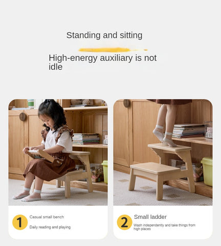 Birch Solid Wood Kids Multifunctional Foot Stool Step & Side Table in Berry Powder & Wizard Green