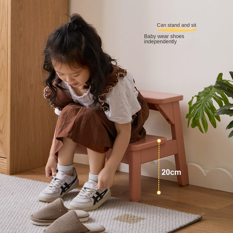 Birch Solid Wood Kids Multifunctional Foot Stool Step & Side Table in Berry Powder & Wizard Green