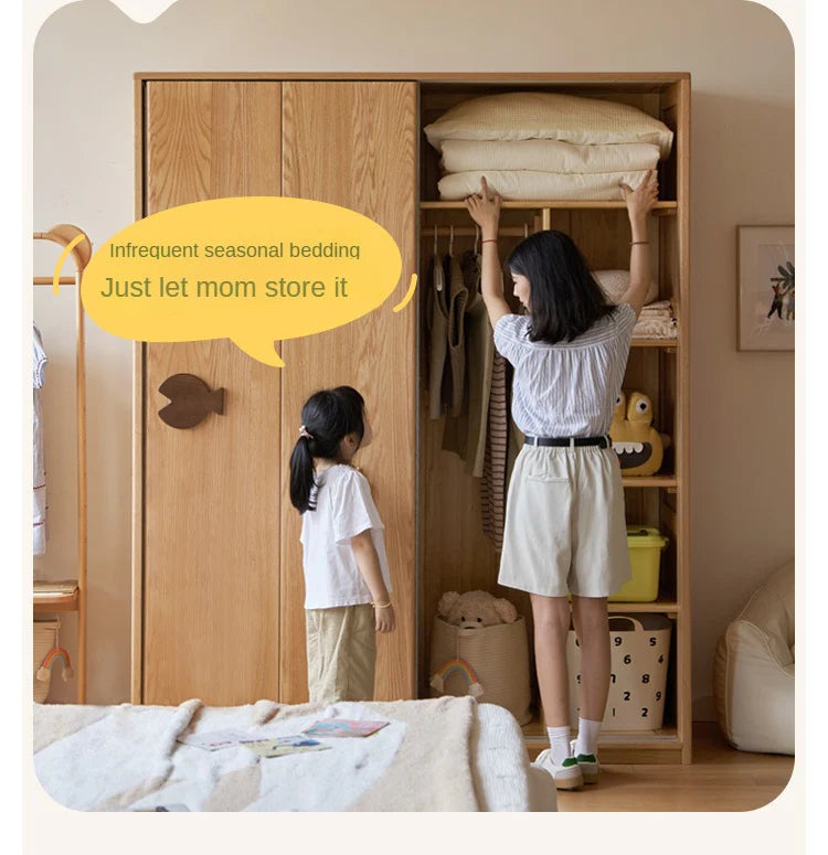 Oak Solid Wood Kids Sliding Door Wardrobe