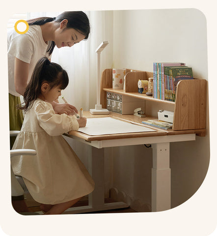 Oak Solid Wood Children Study Desk Adjustable Electric Lifting Tilting Top Minimalist Writing Table Natural Finish